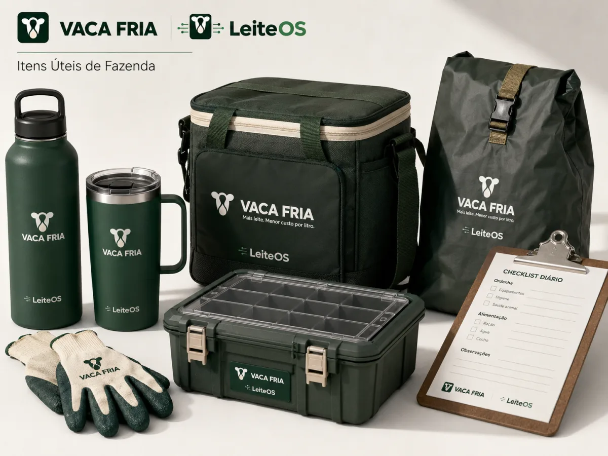 Mockup conceitual de garrafas, bolsa térmica, caixa organizadora, luvas e prancheta para uso na fazenda