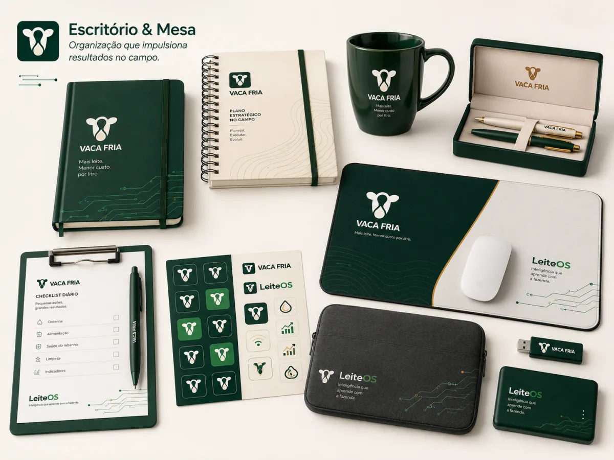 Mockup conceitual de cadernos, canetas, caneca, mousepad, adesivos e acessórios de escritório da marca Vaca Fria