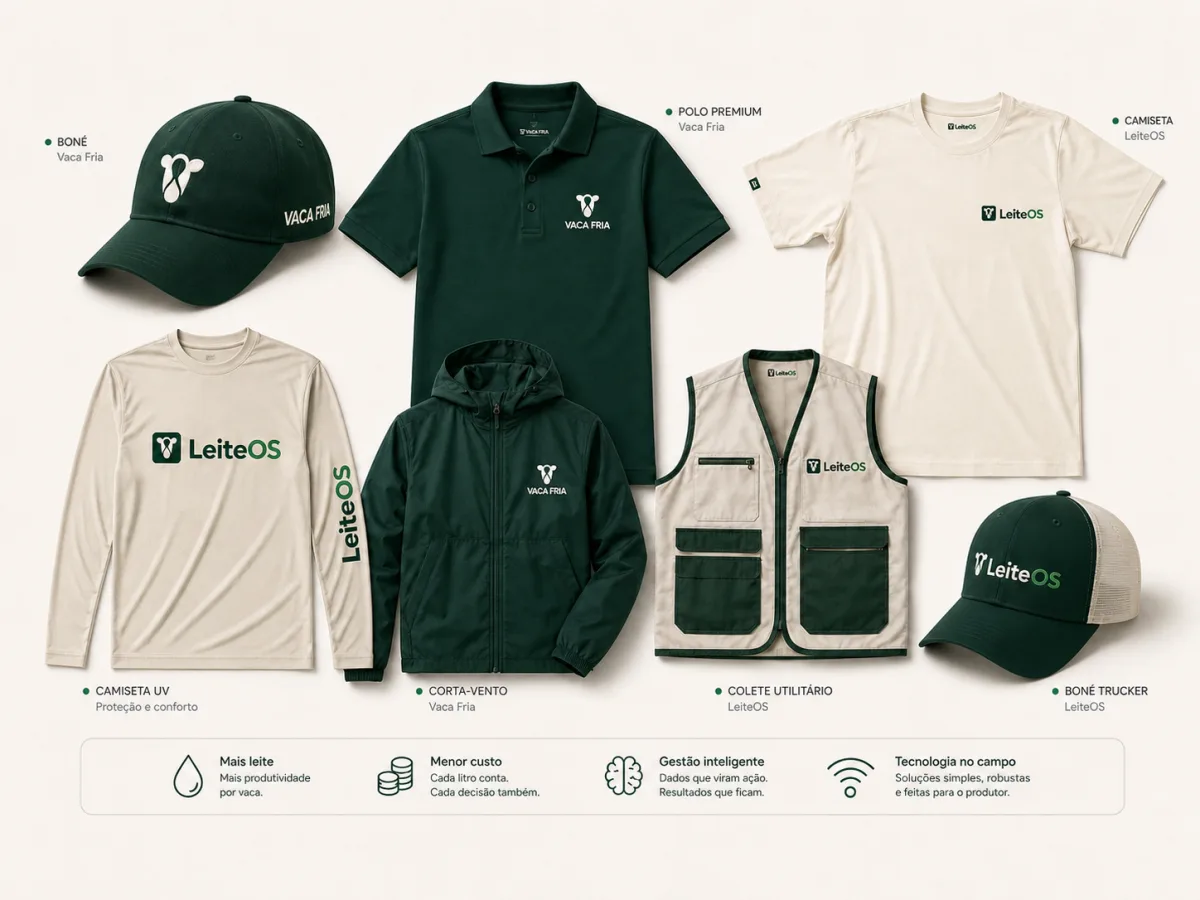 Mockup conceitual de bonés, camisetas, polo, corta-vento e colete da marca Vaca Fria